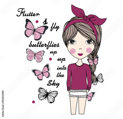 Butterflies fly and flutters up into the sky Cute cartoon little girl holding a heart with flowers and a smiling princess style design