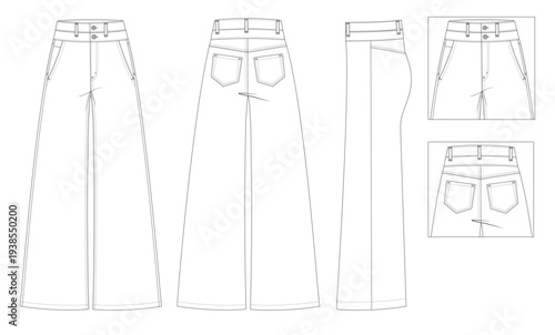 Fashion Technical Flat Sketch of Women’s Wide-Leg Denim Pants with Double Waistband – Front, Back, and Side View CAD with Detail Insets