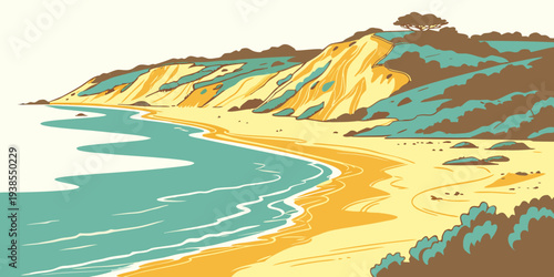 A serene beach scene with a mountain range Vector