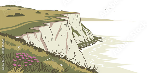 A cliff with flowers on the side of a body of water Vector