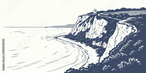 A blue and white image of a cliff by the ocean Vector