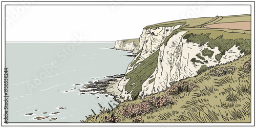 A scenic cliffside overlooking the ocean on a sunny day Vector