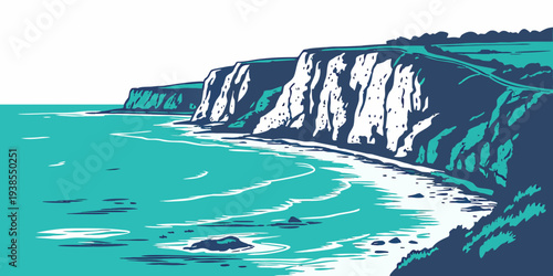 A serene ocean scene with a rugged cliffside Vector