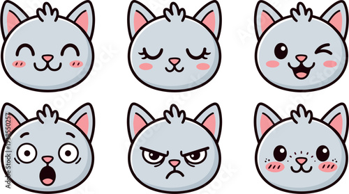 Kawaii flat design close up cat emoji faces showing six playful expressions in sticker sheet style with soft pink cheeks smiling