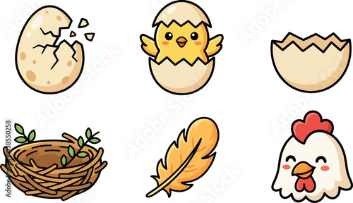 Cute kawaii flat vector set showing cracked eggshell, smiling chick in shell, empty shell, nest, feather, and hen for easter