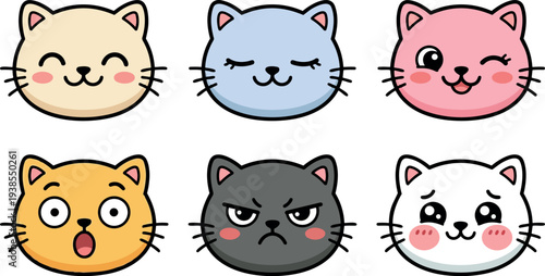 Kawaii flat design close up six pastel cat emoji faces showing wink, smiling, sleepy, surprised, angry, teary expressions in row set
