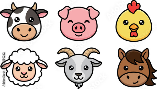 Flat cartoon vector set of six smiling farm animal heads cow pig chick sheep goat and horse front facing icons