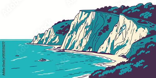 A rocky cliffside by the ocean with blue water Vector