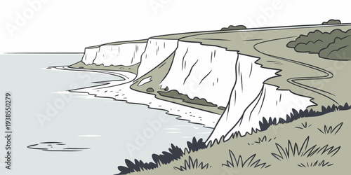 A white cliffside by the ocean with some grass Vector