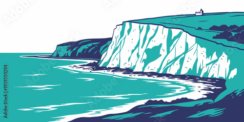 A blue and white image of a cliff by the ocean Vector