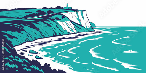 A serene ocean scene with a cliffside and waves crashing Vector