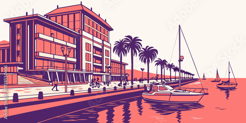 A red and purple image of a waterfront city Vector