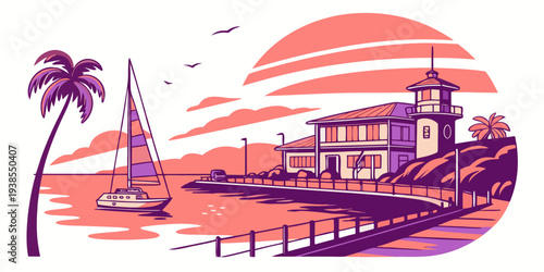 A purple and orange illustration of a tropical harbor at sunset Vector