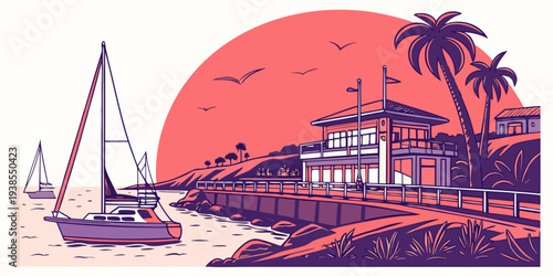 A pixelated image of a beach scene with a house and a sailboat Vector