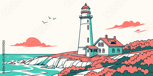 A lighthouse on a rocky coastline with a house next to it Vector