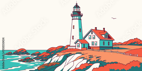 A lighthouse on a rocky coastline with a house next to it Vector