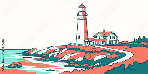 A lighthouse on a rocky coastline by the sea Vector