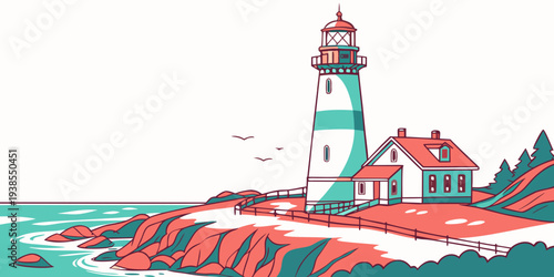 A lighthouse on a rocky coastline with a house next to it Vector