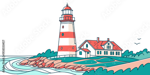 A red and white lighthouse on a rocky coastline Vector