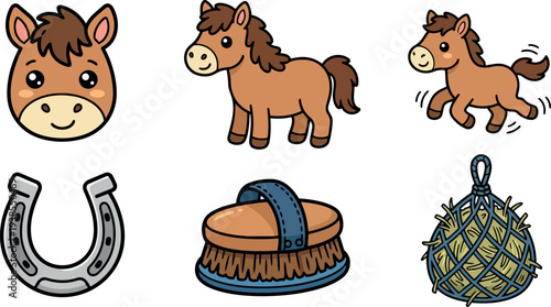 Whimsical kids doodle set of cheerful brown pony expressions and grooming tools close up vector icons in flat playful lighting bright