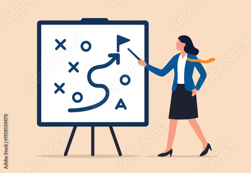 Strategy planning, method or tactic to win business reach goal, solution to avoid obstacle, path to success or discover solution to succeed concept, businesswoman present strategic plan to success