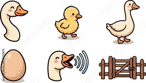Cute cartoon vector sticker set showing goose head chick egg adult goose walking honking gate and standing in outline style