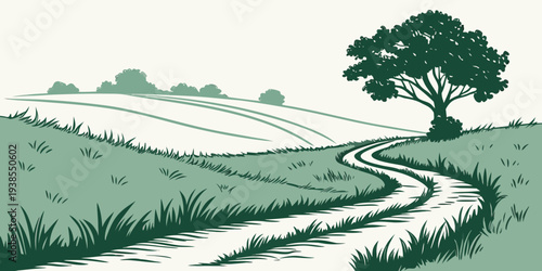 A winding road through a green landscape with a tree Vector