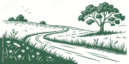 A green and white image of a tree on a hill Vector