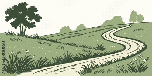 A winding dirt road through a green landscape Vector