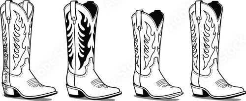 Cartoon cowboy boots with decorative leaf and flame patterns in stylized design, perfect for western artwork, fashion illustrations, cultural themes, and creative projects.
