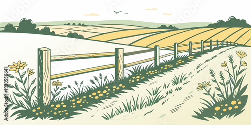 A wooden fence next to a field with yellow flowers Vector