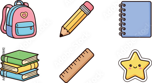 Whimsical kids doodle colorful school supplies set with smiling star and pink backpack pencil notebook stacked books playful pastel lighting