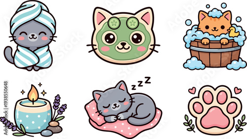 Kawaii vector spa icon set featuring towel wrapped grey cat, cucumber mask cat face, bathtub kitten, candle, sleeping cat, paw