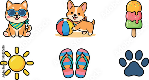 Kawaii vector summer icon set featuring corgi with sunglasses bandana, corgi pushing beach ball, ice cream, flip flops bright sun