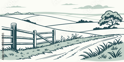 A fence in a rural landscape with a tree Vector