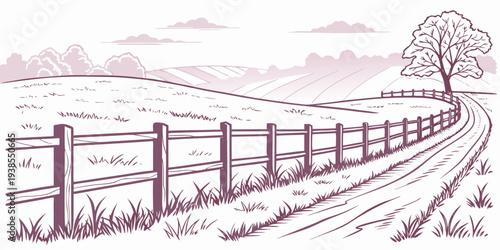 A fence in a rural landscape with a tree Vector