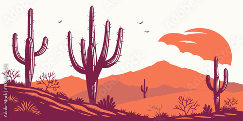 A pixel art illustration of a desert landscape with cacti at sunset Vector