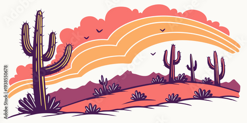 A colorful desert landscape with cacti and rainbow Vector