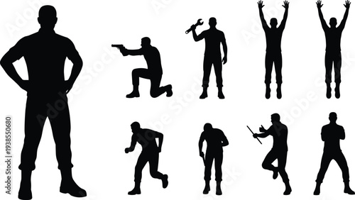 Male silhouette poses, action icons, combat stance, handgun, knife, wrench, technician, martial arts, vector set, black figures