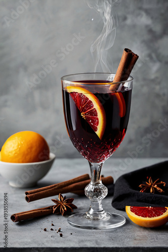 A glass of hot mulled wine garnished with orange slices and cinnamon sticks, surrounded by star anise and fresh citrus on a dark stone surface