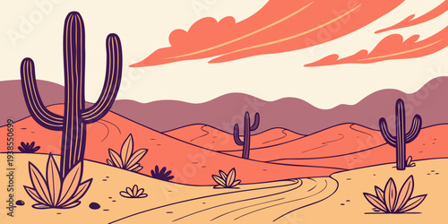 A desert landscape with cacti and mountains Vector