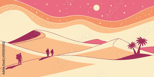 A desert landscape with pyramids and palm trees under a starry night sky Vector