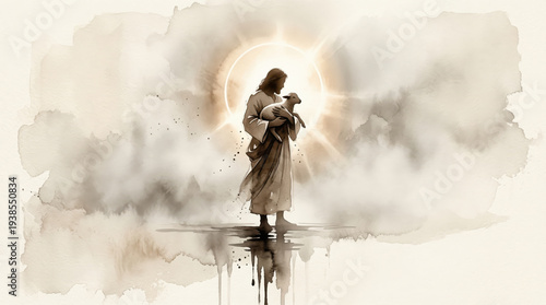 Jesus Christ holding lamb with glowing circle background