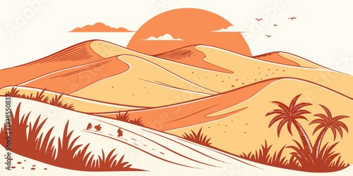 A serene desert landscape at sunset with palm trees Vector