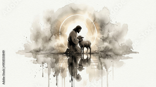 Christ kneeling with lamb in glowing watercolor reflection