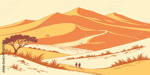 A desert landscape with a tree and a mountain range Vector