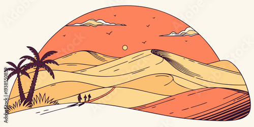 A desert landscape with a sunset and palm trees Vector
