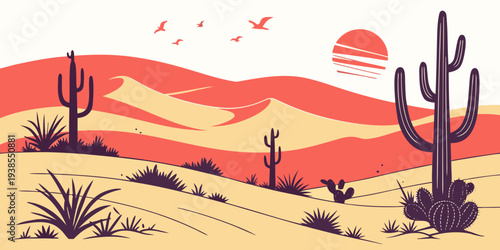 A desert landscape with cacti and a sunset Vector