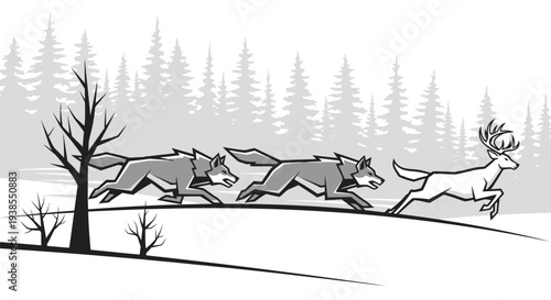 Pack of wolves chasing a deer through a winter forest
