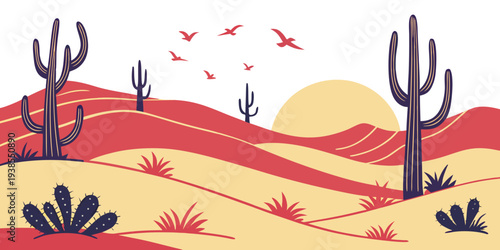 A desert landscape with cacti and a sunset Vector
